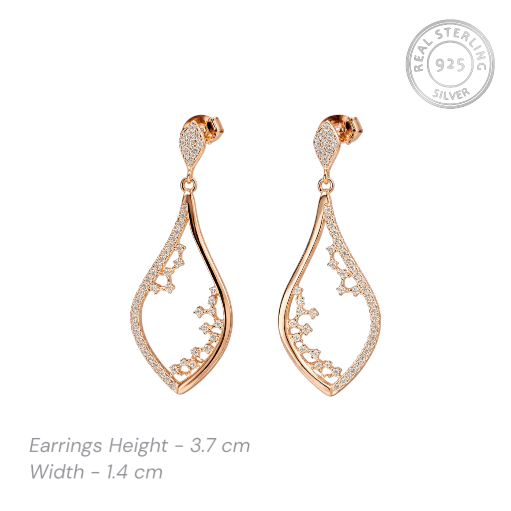 Rose gold plated earrings with cz accents on a white background, featuring 'Real Sterling 925' stamp.