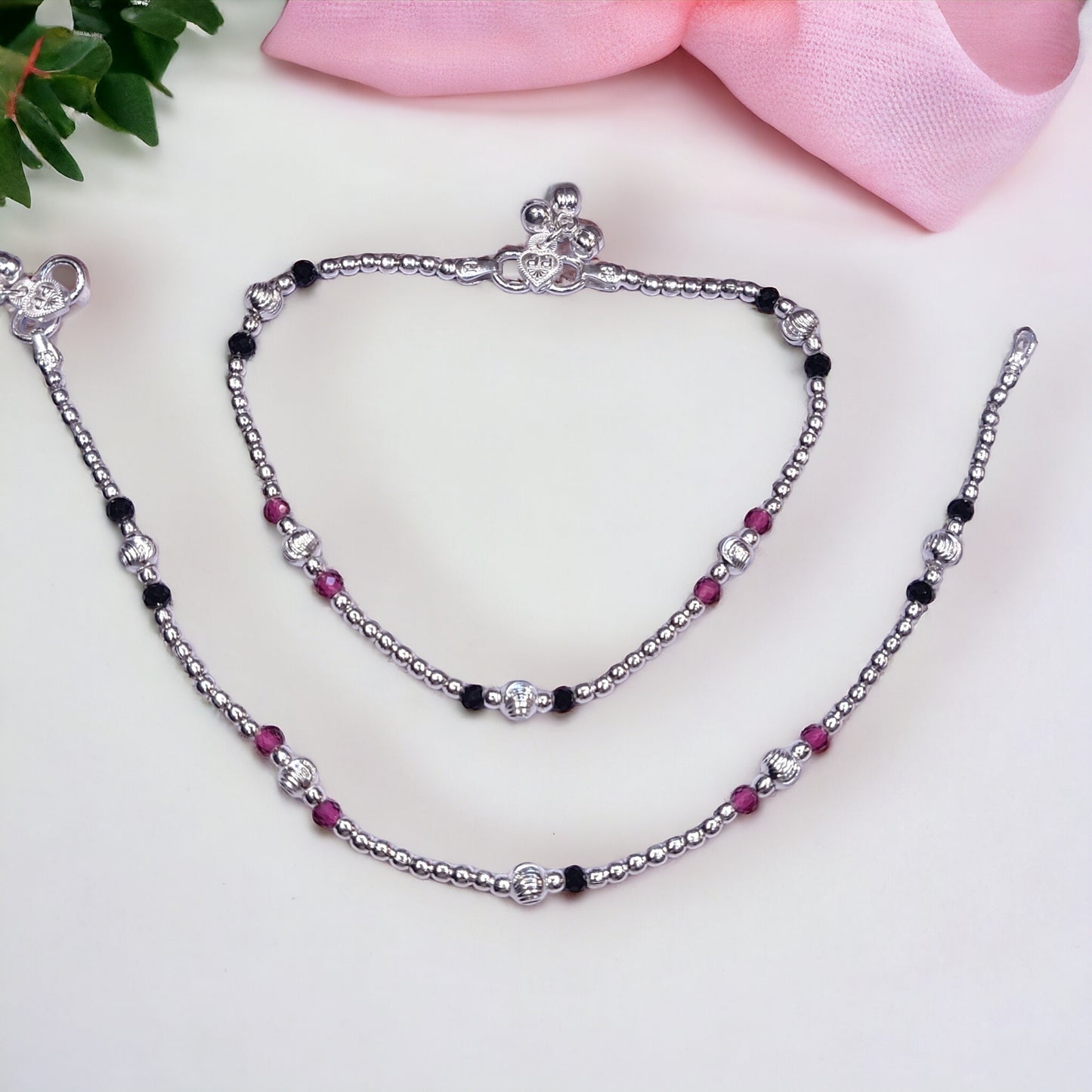 Silver payal with black beads - jauhari jewellers