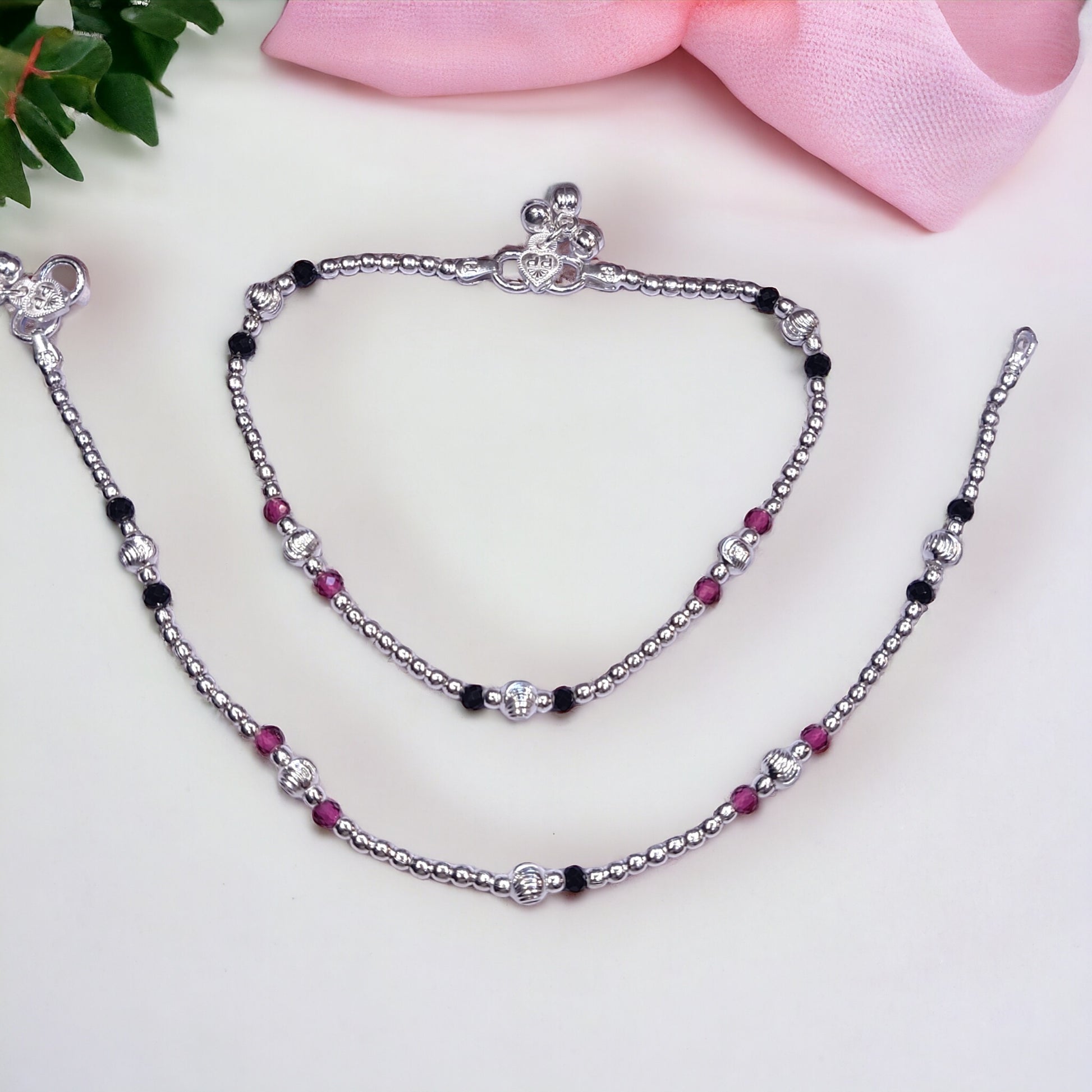 Silver payal with black beads - jauhari jewellers