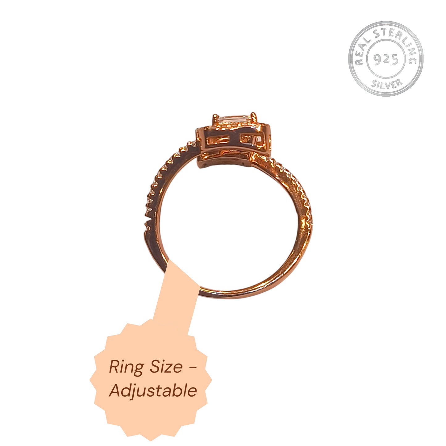 Silver Rose gold ring with adjustable size feature on a white background