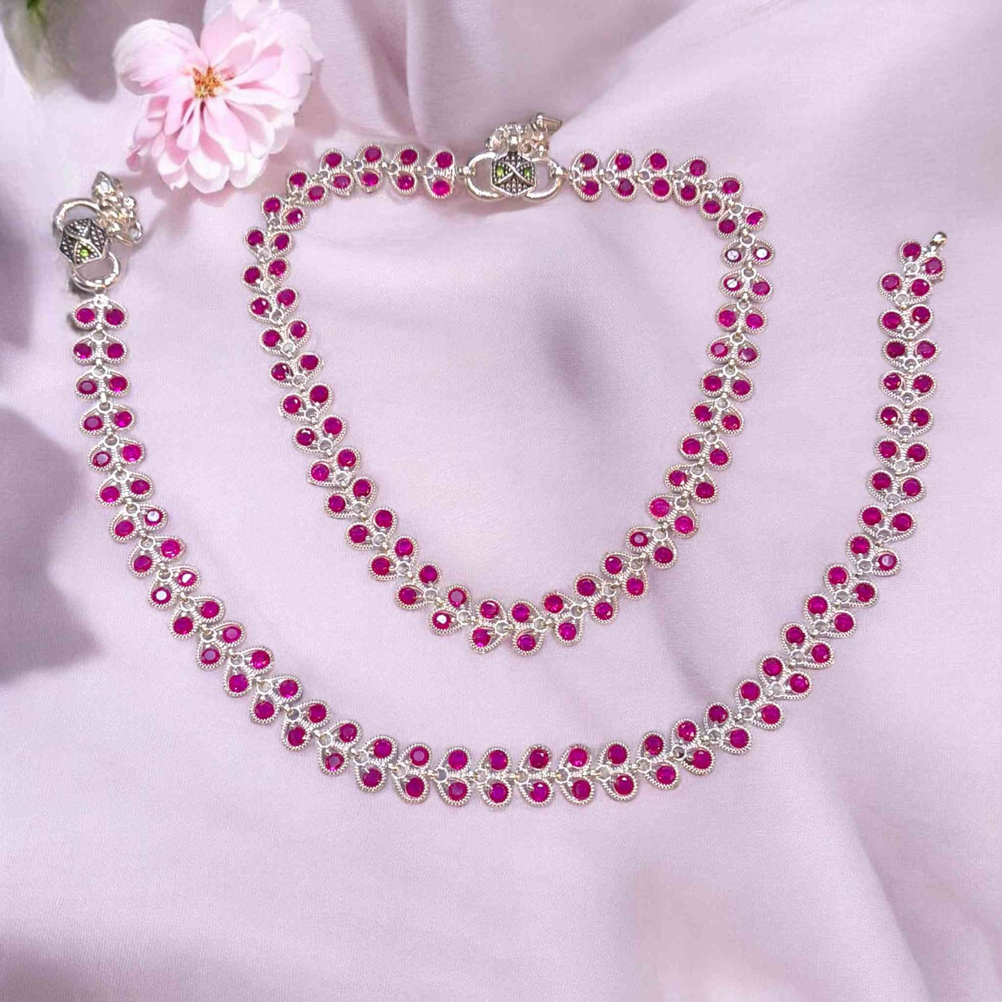 Premium Silver Pink Stone Payal for Women - Jauhari Jewellers
