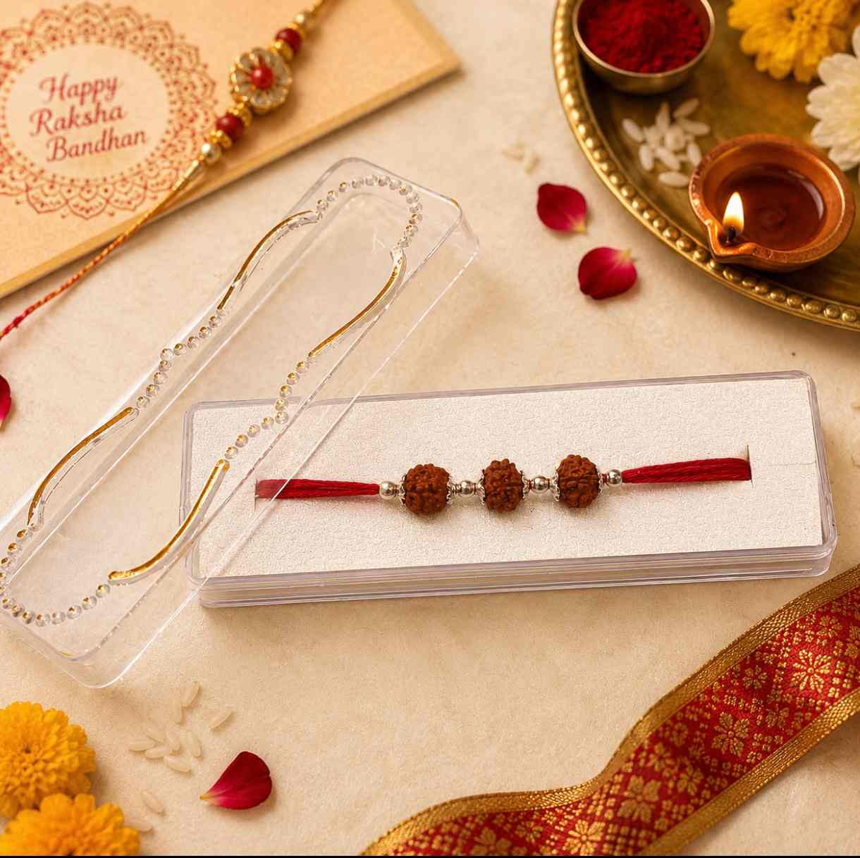A silver Rakhi with three brown rudraksha beads and red thread ends, presented in a clear plastic box with a white insert. The scene is styled with a gold-toned diya tray, red flower petals, a yellow marigold, and another Rakhi on a beige fabric background.