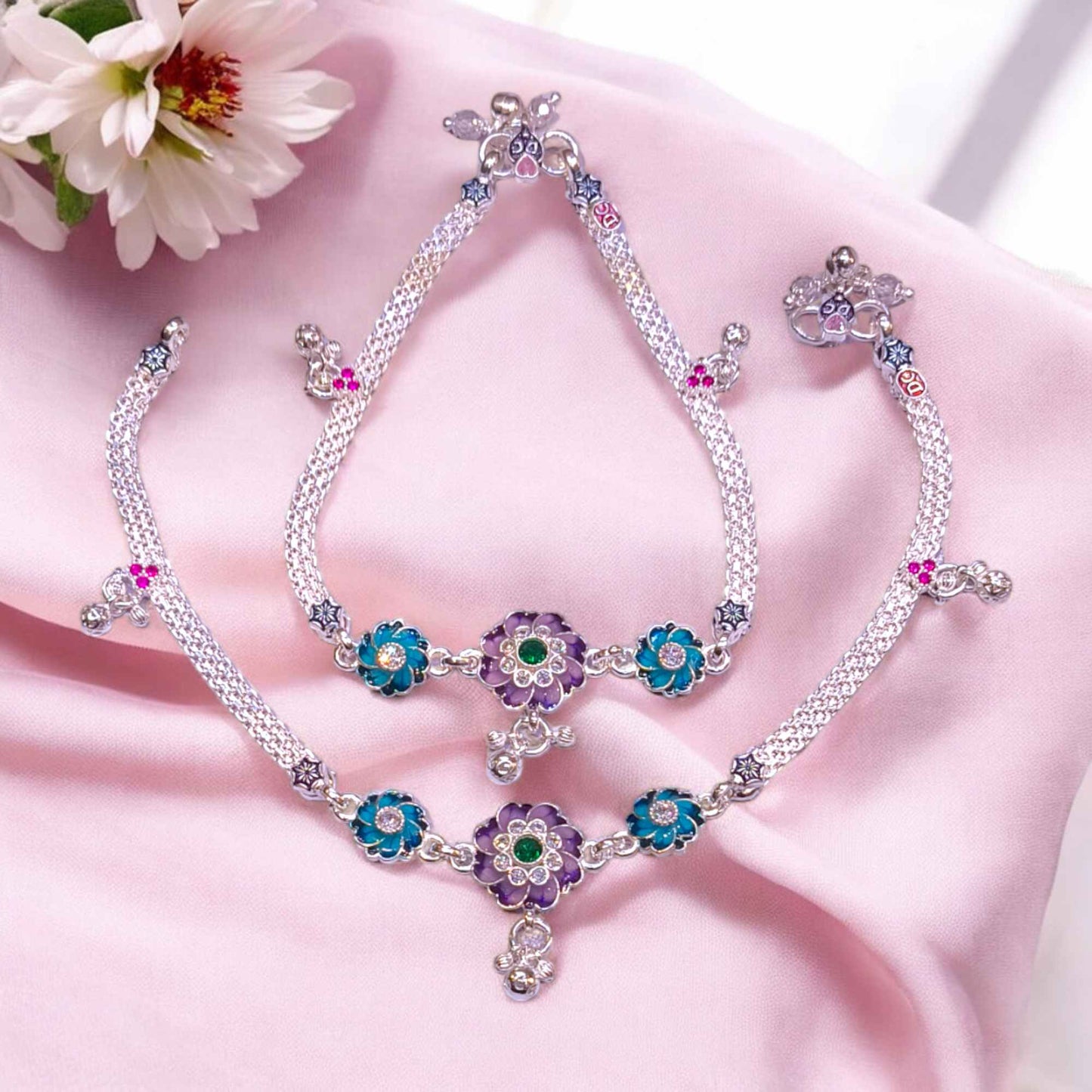Silver flower anklets