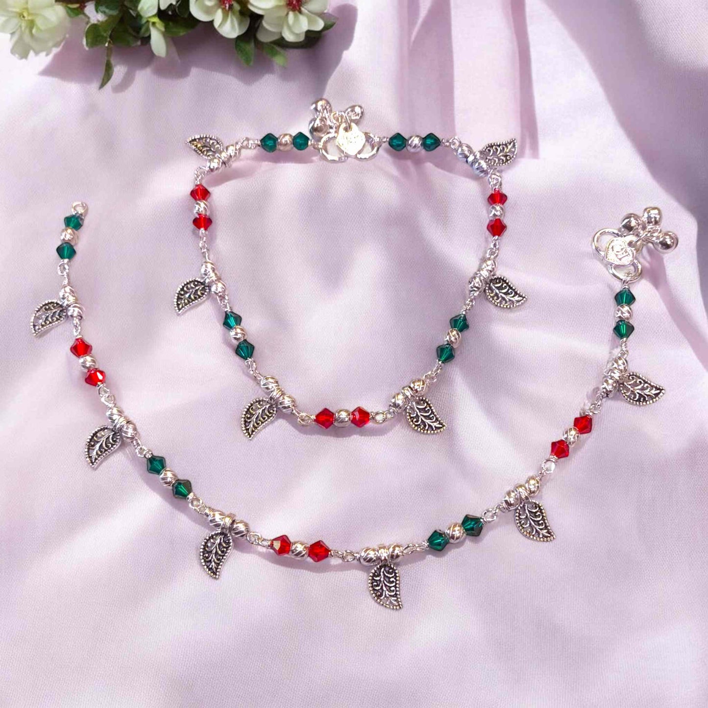 Silver leaf anklets for women