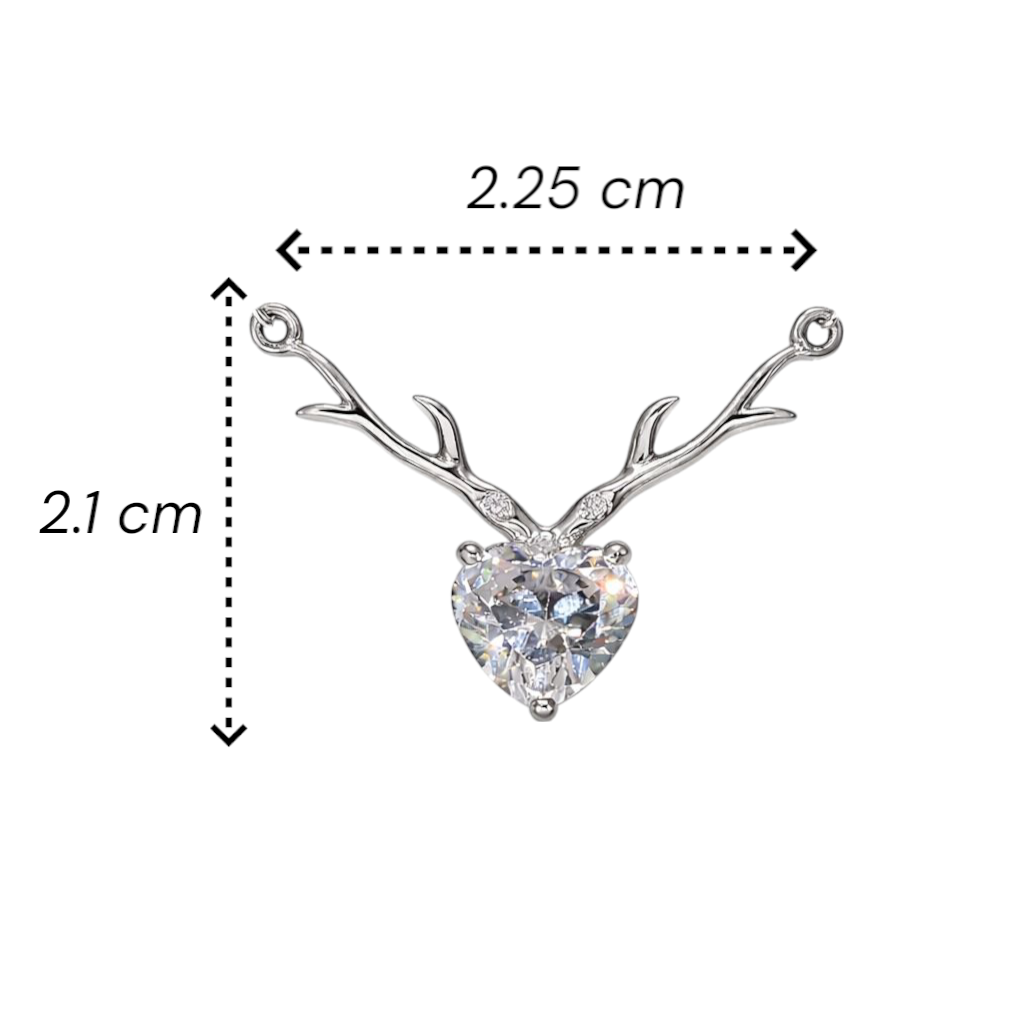 Heart-shaped pendant with antler design and measurements on a white background
