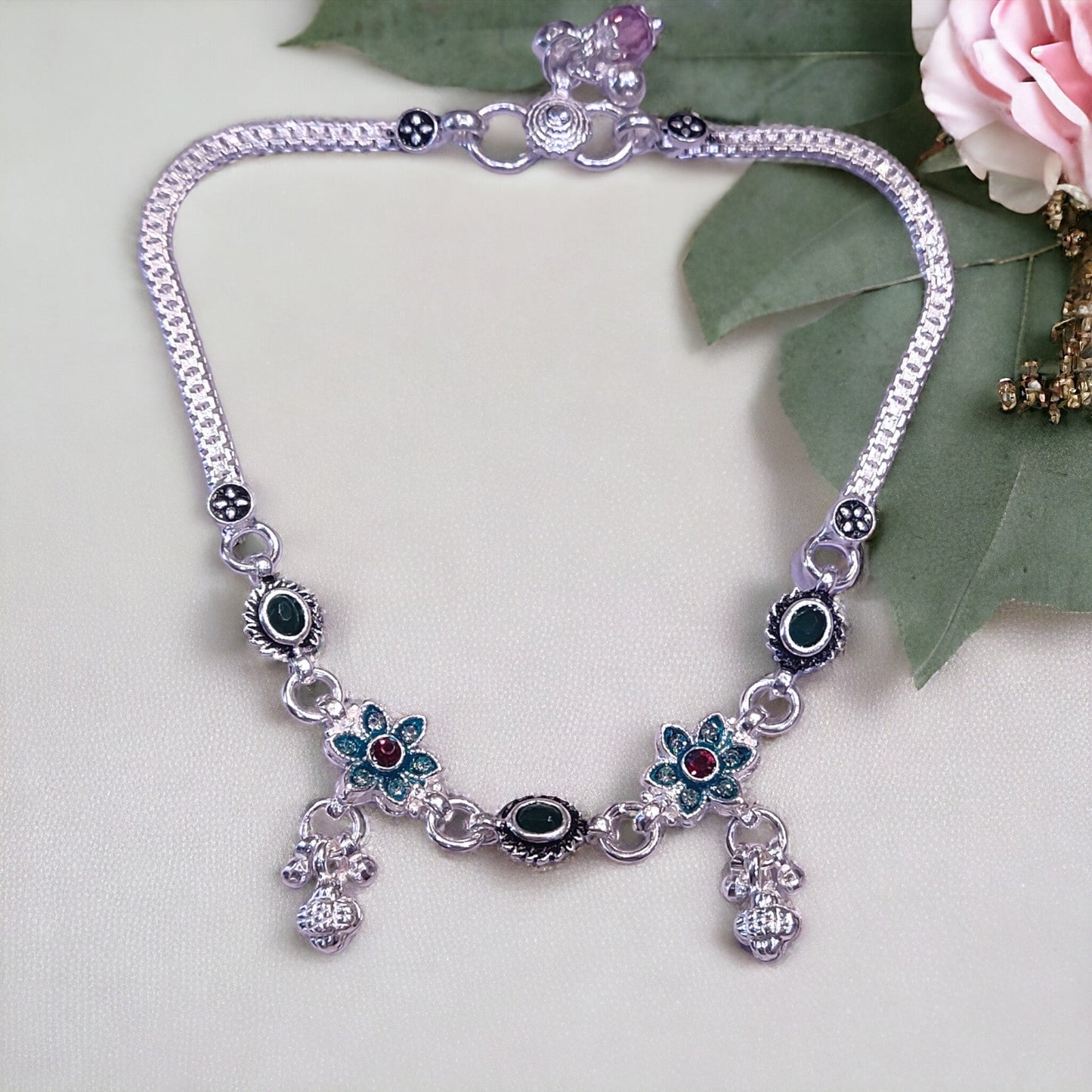 Green Flower Silver Payal For Women - Jauhari Jewellers