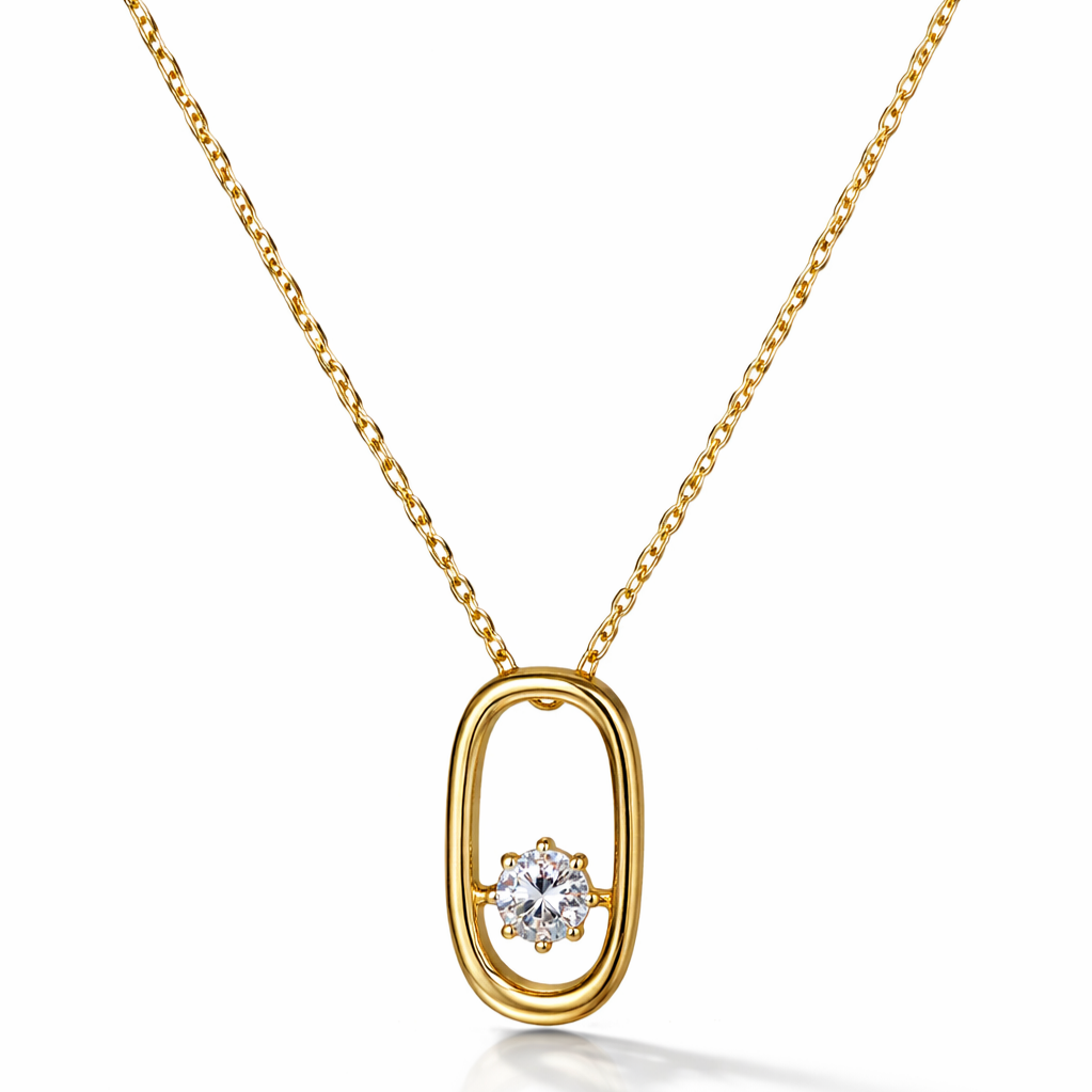 Minimal open oval pendant necklace with round cubic zirconia in gold plated sterling silver