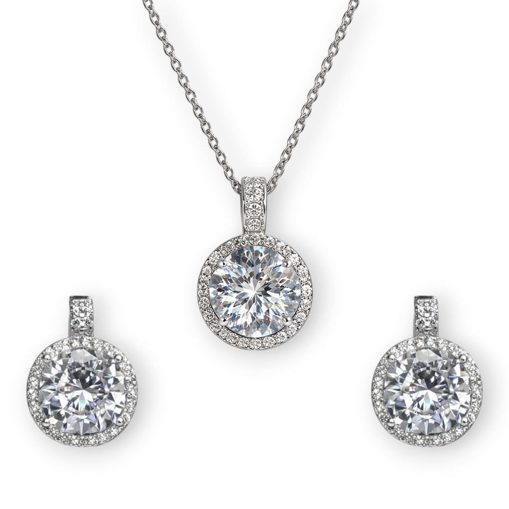 “925 sterling silver halo CZ pendant necklace with matching earrings”