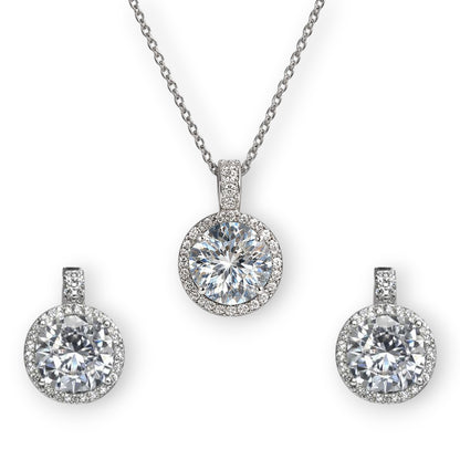 “925 sterling silver halo CZ pendant necklace with matching earrings”