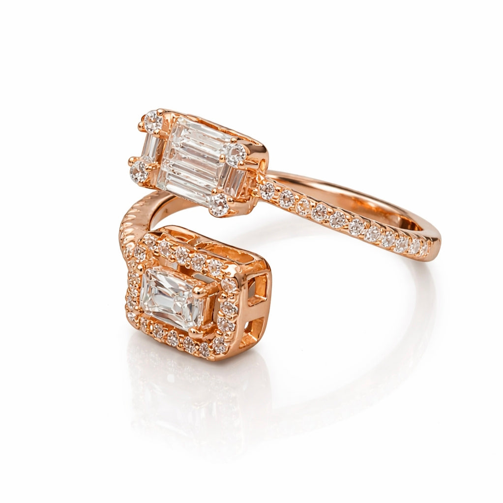 Sterling silver Rose gold ring with cz accents on a white background