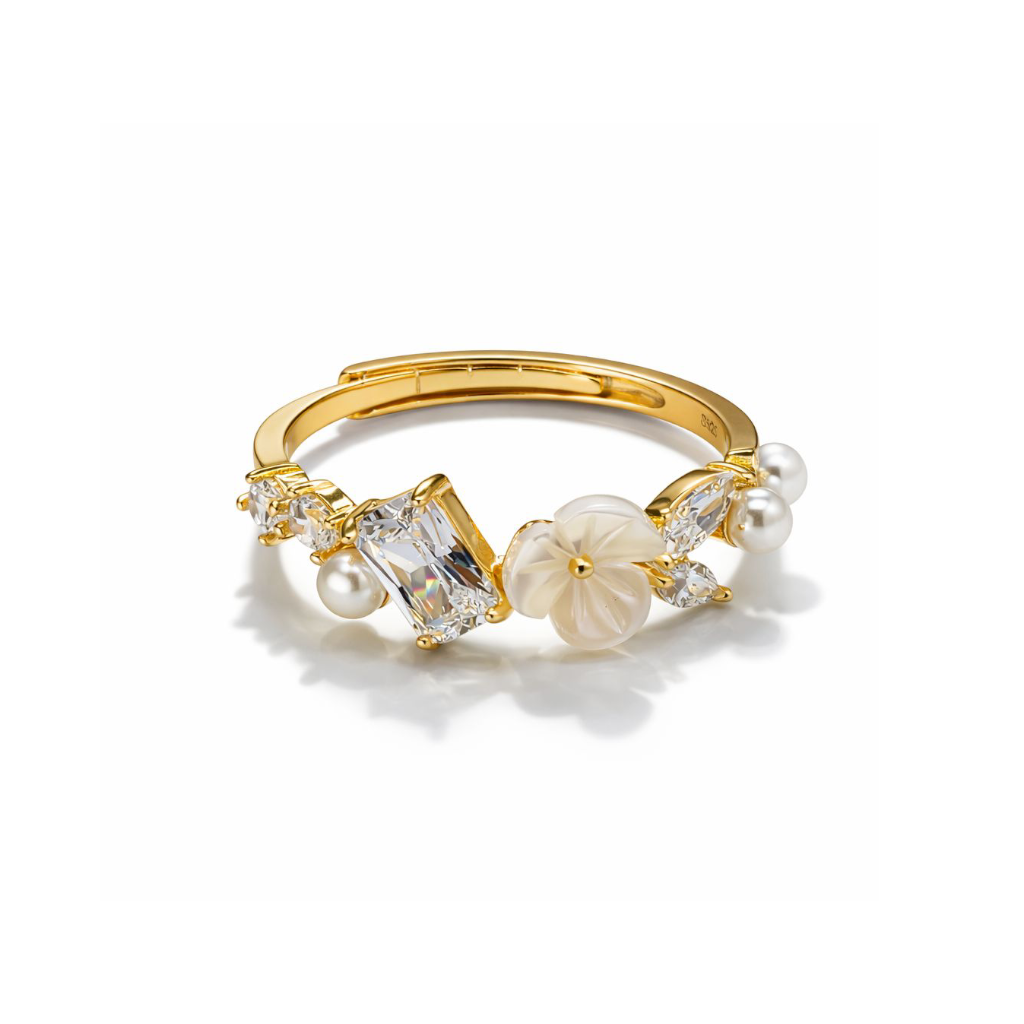 925 Sterling Silver Gold-Plated Floral Ring with Pearls & CZ for Women