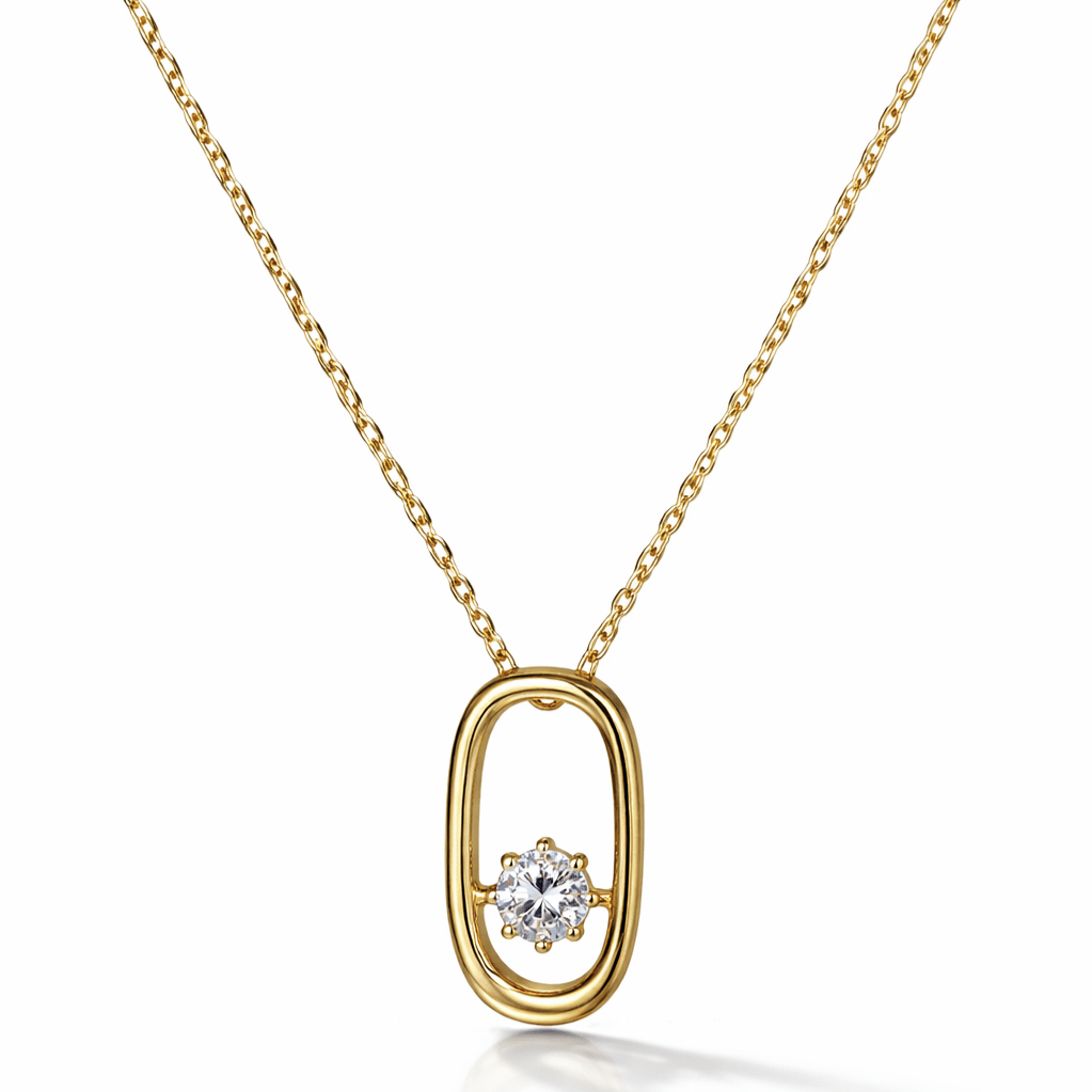 Minimal open oval pendant necklace with round cubic zirconia in gold plated sterling silver