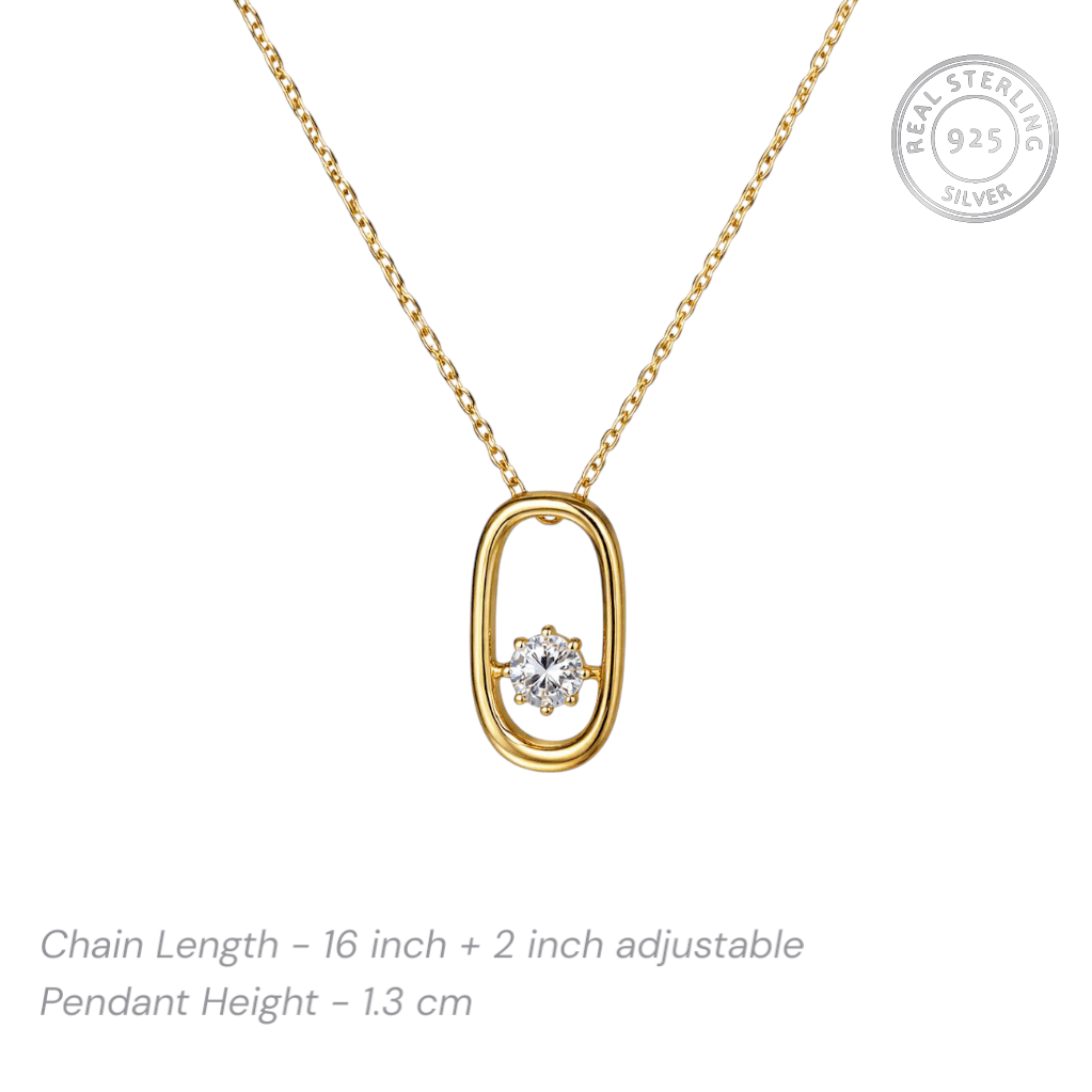 Open oval pendant necklace in gold plated 925 sterling silver with central round cubic zirconia