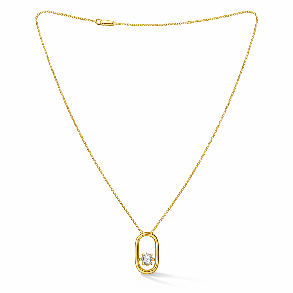 Gold plated 925 sterling silver necklace featuring an open oval pendant and single CZ stone
