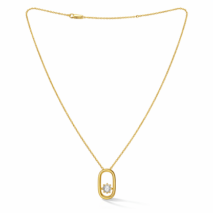 Gold plated 925 sterling silver necklace featuring an open oval pendant and single CZ stone