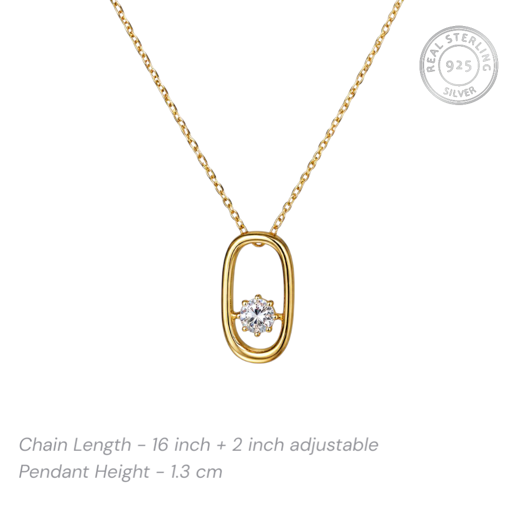 Open oval pendant necklace in gold plated 925 sterling silver with central round cubic zirconia