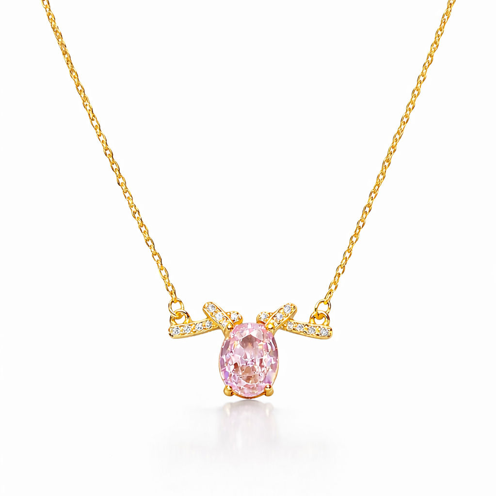 925 sterling silver gold-plated pink oval stone pendant necklace with CZ accents