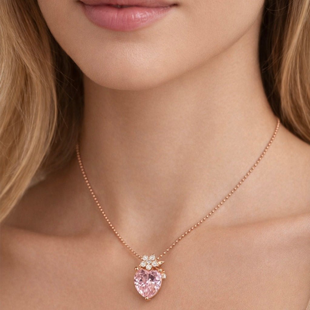925 sterling silver rose gold plated pink heart stone pendant necklace worn by model