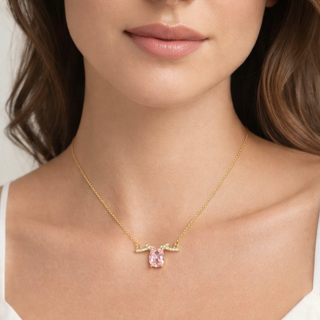 925 sterling silver gold-plated pink oval pendant necklace worn by model