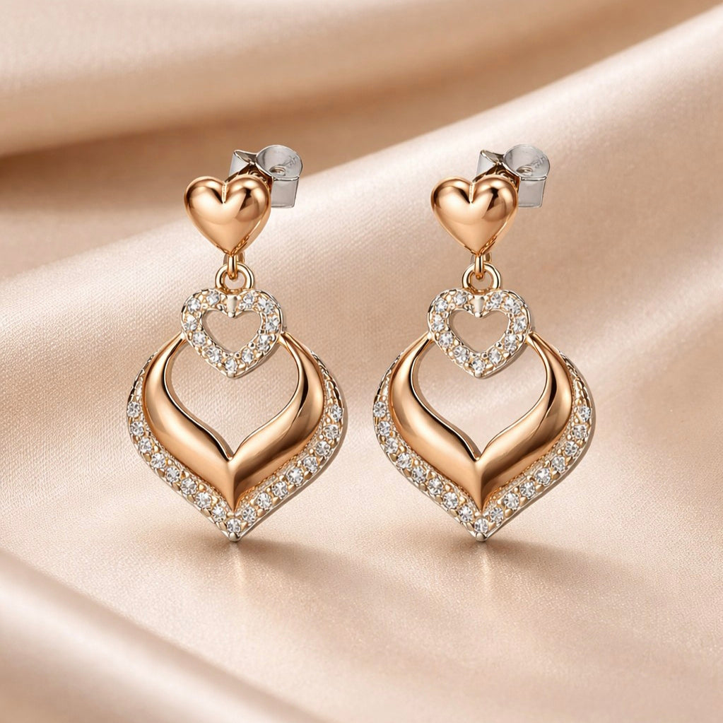 925 sterling silver rose gold heart drop cz earrings