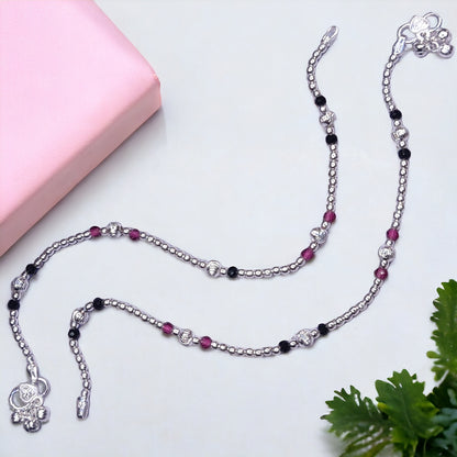 Silver payal with black moti - jauhari jewellers