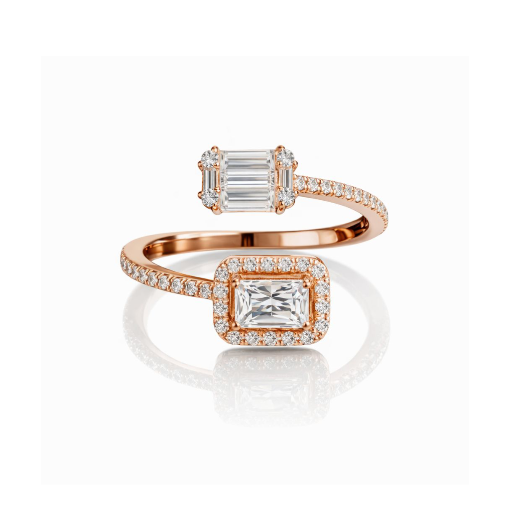 Rose gold ring with emerald-cut cz stones on a white background