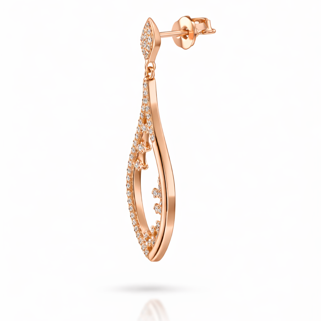 Side view of sterling silver rose gold plated drop earrings with cz stones