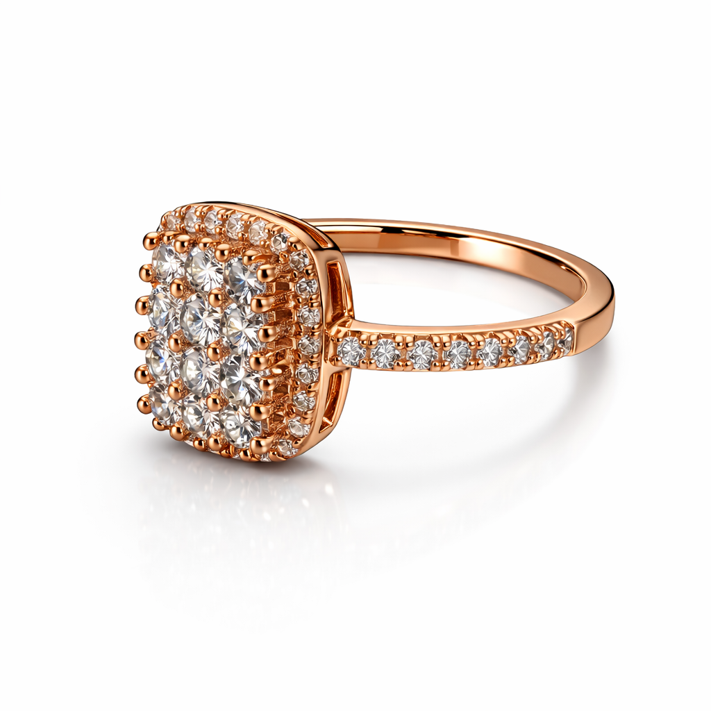 rose gold–finished sterling silver ring featuring a square CZ cluster with pavé accents.