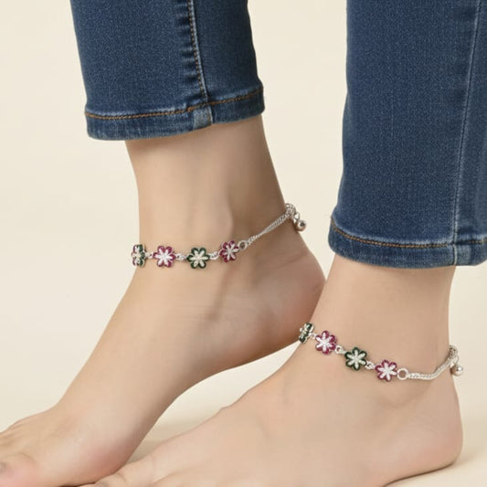 Floral silver payal for women