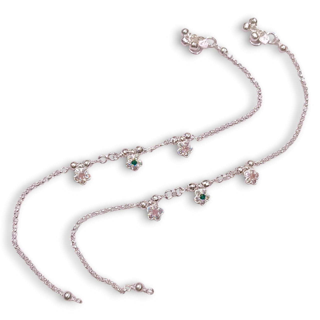 Silver anklet with floral charms 