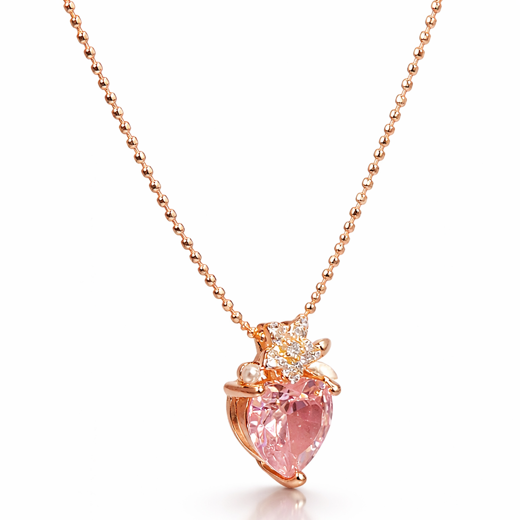 Side view of pink heart stone pendant with CZ accents in rose gold plated sterling silver