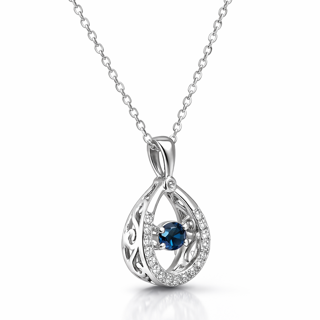925 Sterling Silver Blue Dancing Stone Teardrop Pendant Necklace with CZ