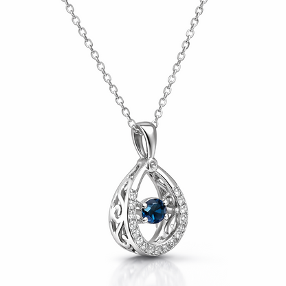 925 Sterling Silver Blue Dancing Stone Teardrop Pendant Necklace with CZ