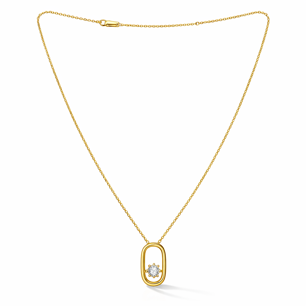 Gold plated 925 sterling silver necklace featuring an open oval pendant and single CZ stone