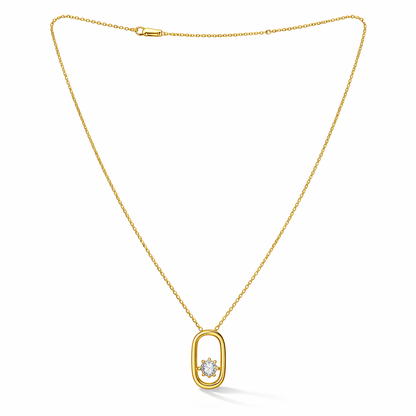 Gold plated 925 sterling silver necklace featuring an open oval pendant and single CZ stone