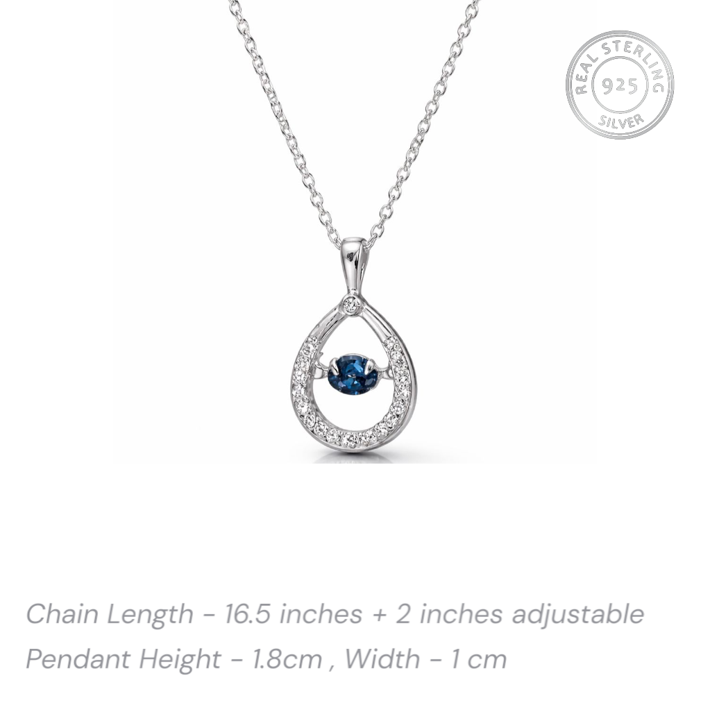 Blue dancing stone teardrop pendant necklace with CZ detailing in 925 sterling silver