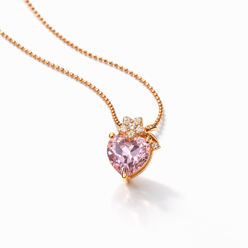 “Close-up of rose gold plated pink heart stone pendant necklace in 925 sterling silver”