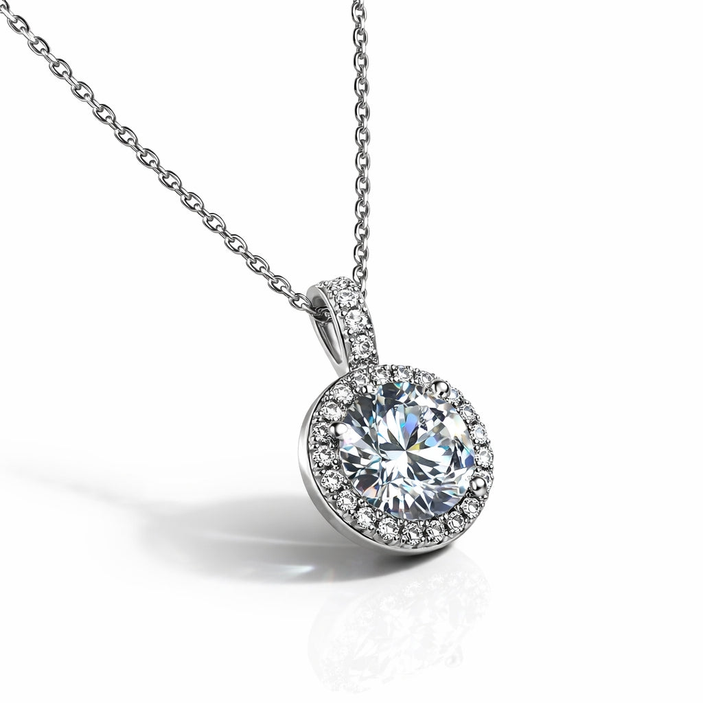 “Close-up of round halo CZ pendant in 925 sterling silver necklace”