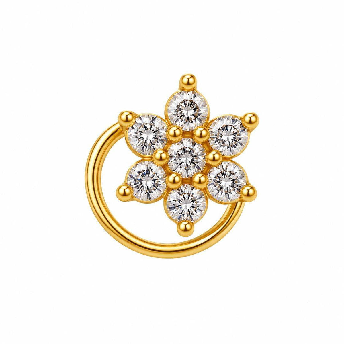 Silver Floral CZ Nose Pin for Women | 18K Gold Plated 925 Sterling Silver | Jauhari Jewellers