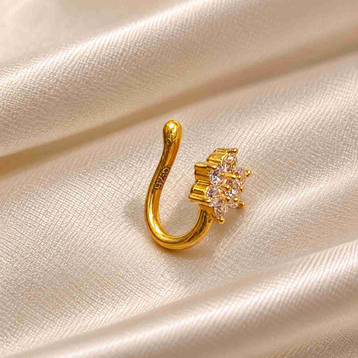 925 Sterling Silver Gold Plated Floral CZ Nose Pin for Women | Jauhari Jewellers