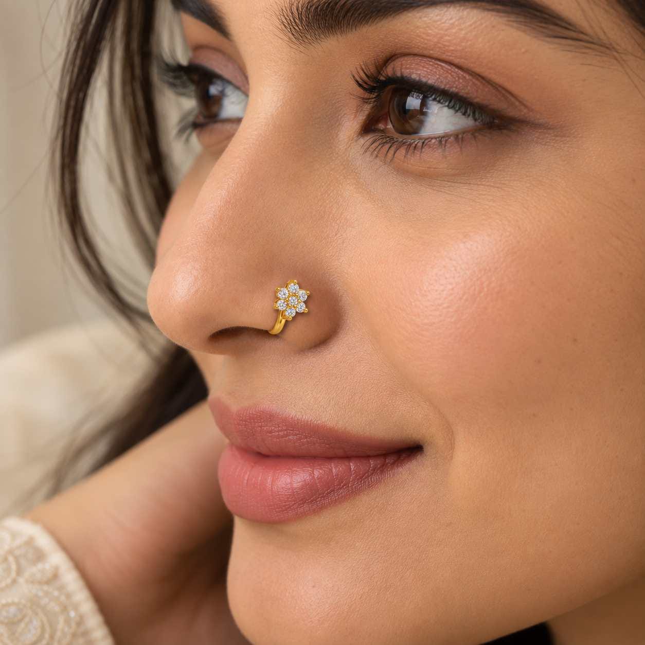 925 Sterling Silver Gold Plated Floral CZ Nose Pin for Women | Jauhari Jewellers