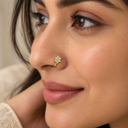 925 Sterling Silver Gold Plated Floral CZ Nose Pin for Women | Jauhari Jewellers