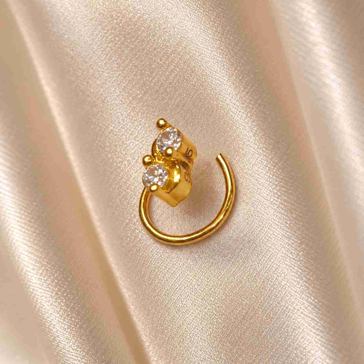 Dual CZ Nose Pin for Women | 18K Gold Plated 925 Sterling Silver | Jauhari Jewellers