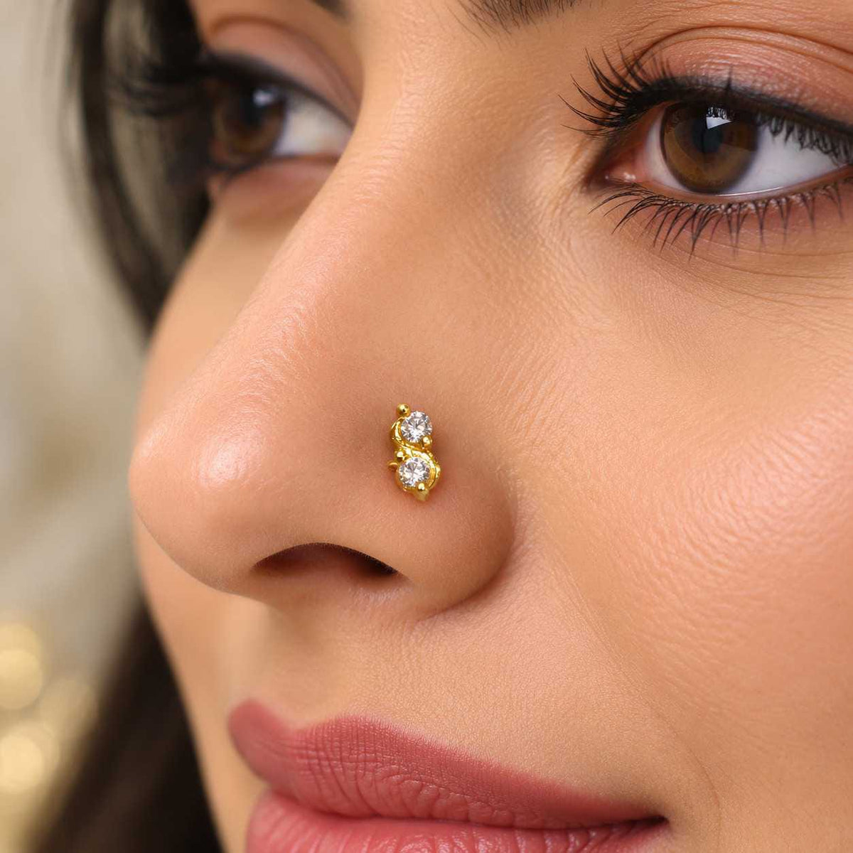 Dual CZ Nose Pin for Women | 18K Gold Plated 925 Sterling Silver | Jauhari Jewellers