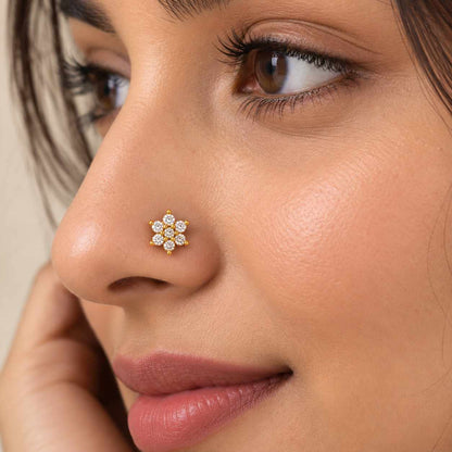 Silver Floral CZ Nose Pin for Women | 18K Gold Plated 925 Sterling Silver | Jauhari Jewellers