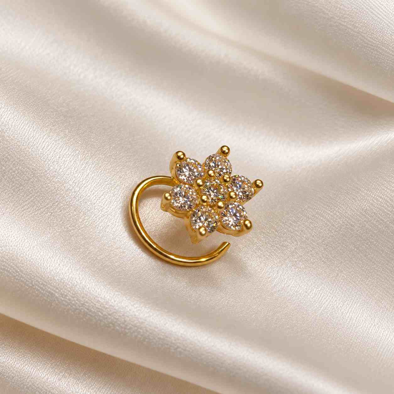 Silver Floral CZ Nose Pin for Women | 18K Gold Plated 925 Sterling Silver | Jauhari Jewellers