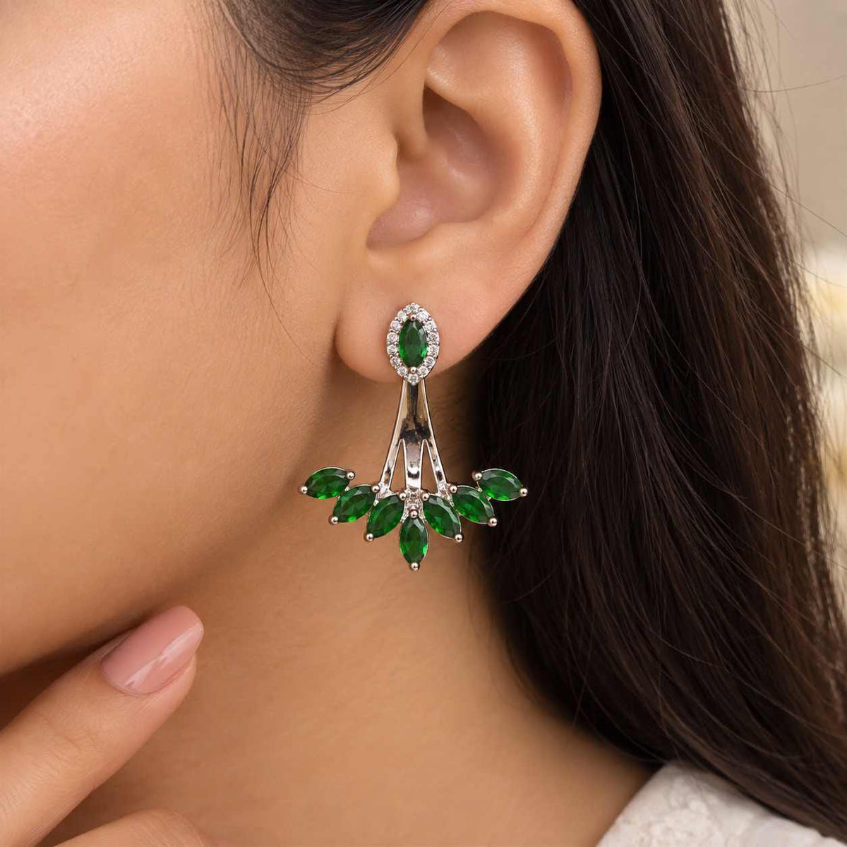 925 Sterling Silver Green CZ Floral Drop Earrings for Women | Jauhari Jewellers