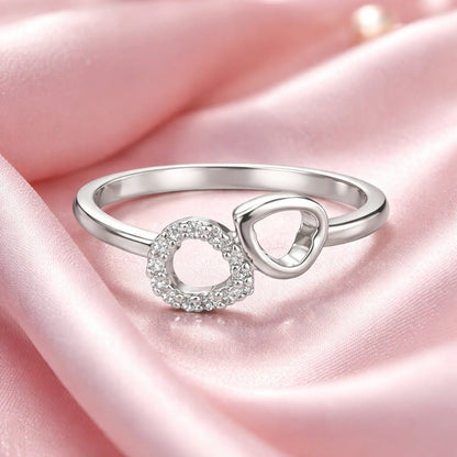 Double Heart 925 Sterling Silver Ring with CZ Stones - Jauhari Jewellers