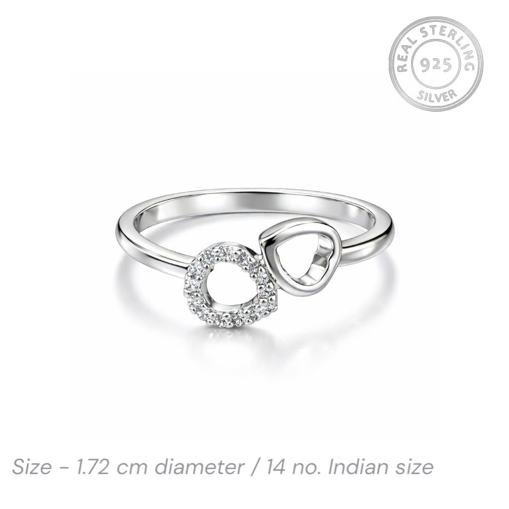 Double Heart 925 Sterling Silver Ring with CZ Stones - Jauhari Jewellers
