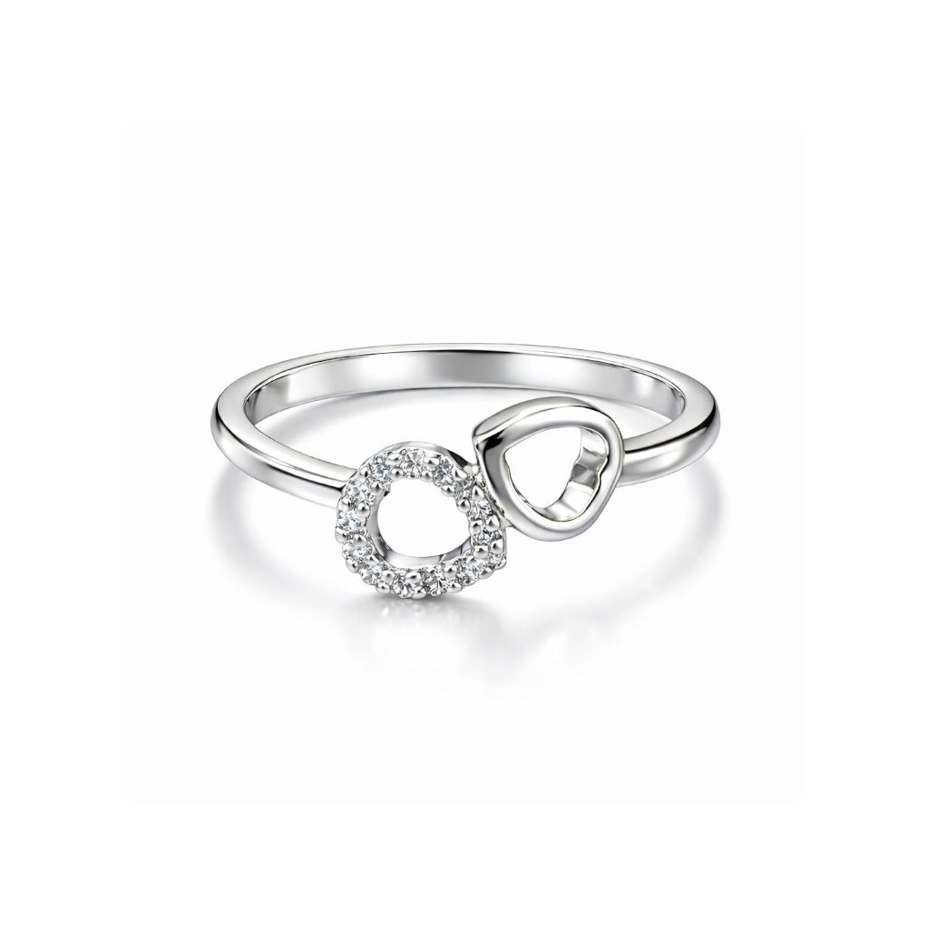 Double Heart 925 Sterling Silver Ring with CZ Stones - Jauhari Jewellers